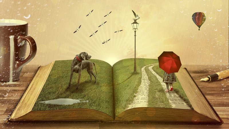 Eine Zeichnung von einem Buch auf einem Tisch, im Hintergrund eine Tasse Kaffee und ein Stift, am Horizont ein Ballon. Die Buchseite sieht aus wie eine Wiese, darauf ein Hund, ein Weg, auf dem ein Mädchen spaziert und ein Windrad. Am Himmel fliegen Vögel.